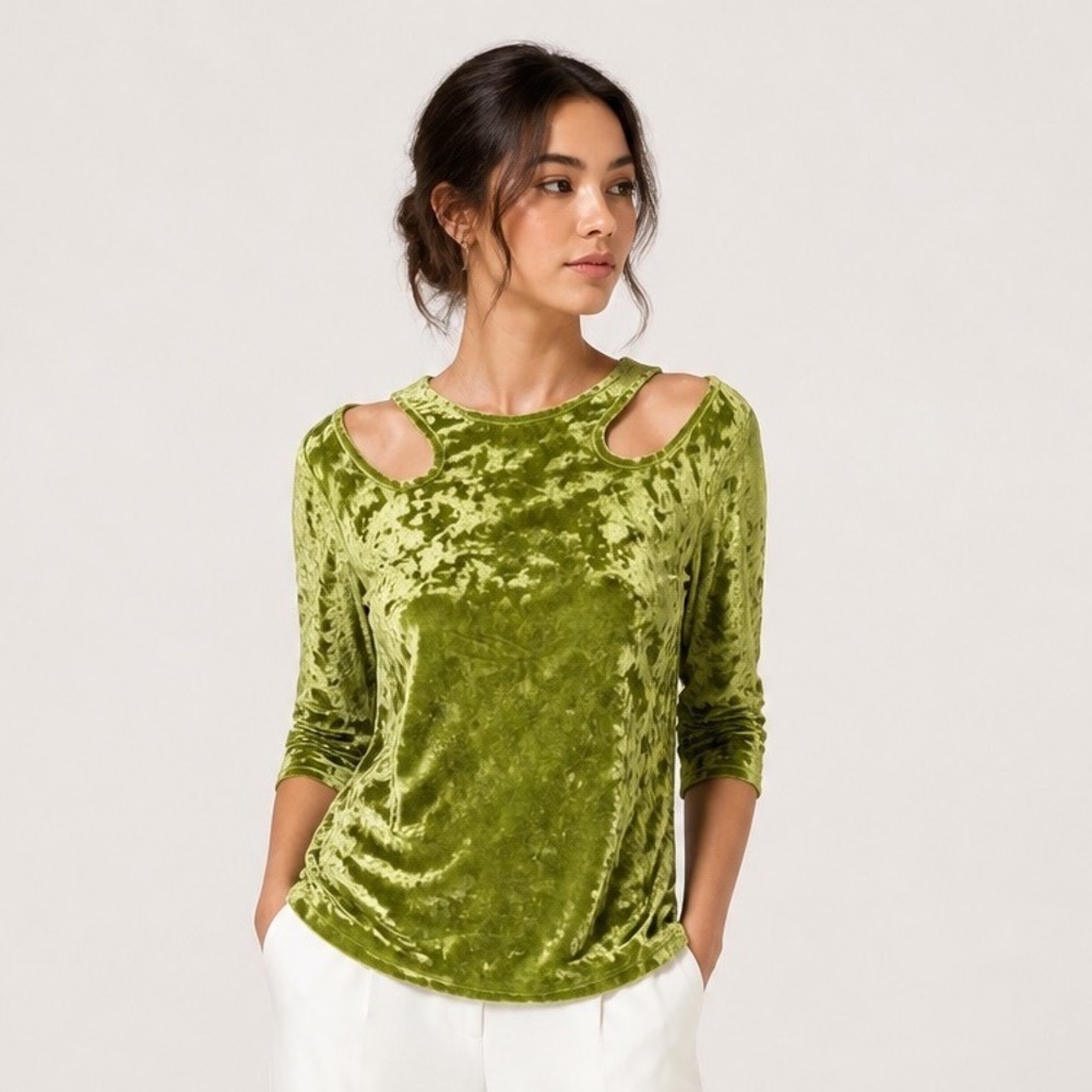 Bisou Bisou Green Crushed Velvet Cut Out Shoulder Top Large Festival Whimsigoth